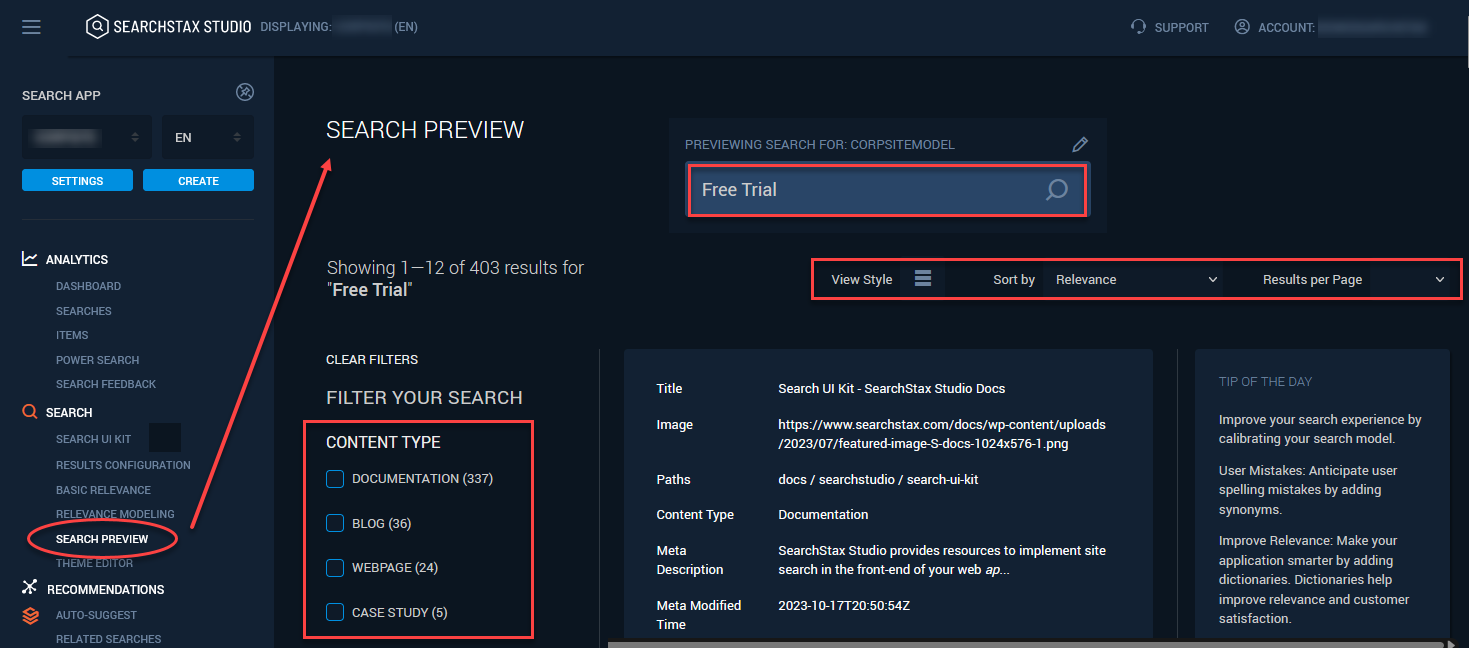 Search Preview screen