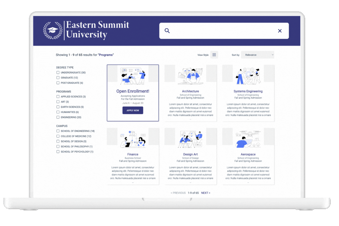 animation of higher education site search